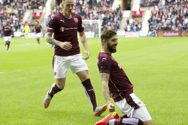 Hearts' Juanma Delgado celebrates after scoring. Picture: Ian Rutherford