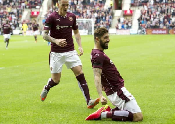 Hearts' Juanma Delgado celebrates after scoring. Picture: Ian Rutherford