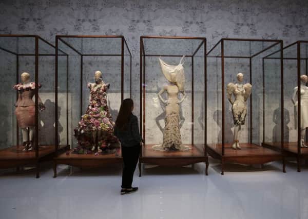Dresses on display during a press view of the exhibition Alexander McQueen: Savage Beauty, at the Victoria and Albert Museum in London. Picture: PA