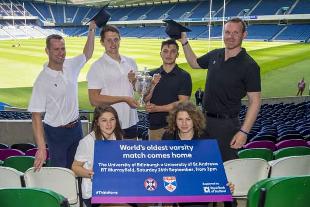 Former Scotland captains Chris Paterson, left, and Jonny Petrie join, left to right, University of Edinburghs Nat Cole and Helen Nelson and University of St Andrews  Finn Murphy and Agnes Chauvet. Picture: SNS/SRU