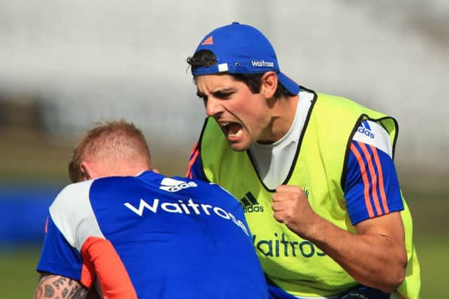 Alastair Cook, right, cuts an animated figure alongside Ben Stokes during an England nets session at Trent Bridge ahead of the fourth Ashes Test, which starts today. Picture: PA