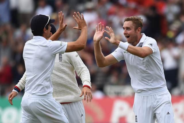 Englands Stuart Broad celebrates the wicket of Adam Voges of Australia. Picture: Getty Images