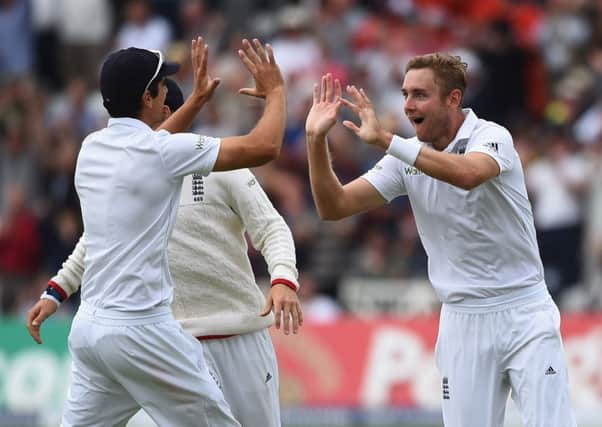Englands Stuart Broad celebrates the wicket of Adam Voges of Australia. Picture: Getty Images