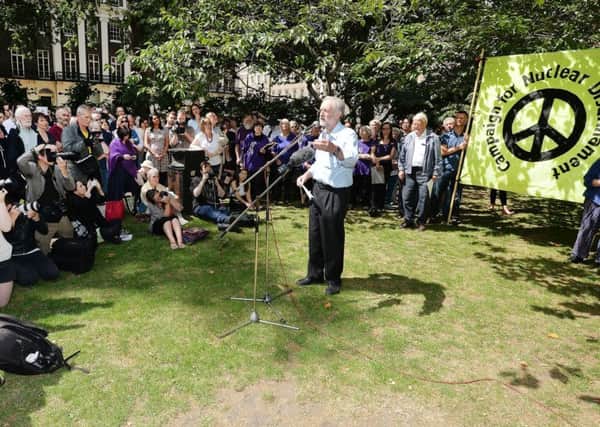 Jeremy Corbyn speaks during an event to mark the 70th anniversary of the Hiroshima bomb, in Tavistock Square, London. Picture: PA