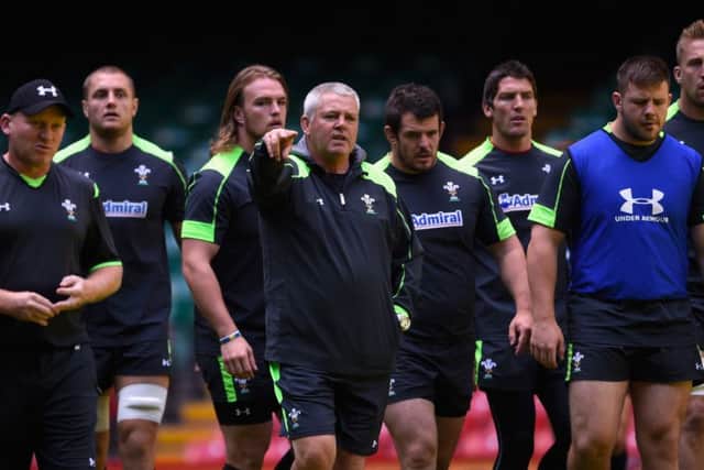 Wales coach Warren Gatland makes a point during training ahead of todays World Cup warm-up against Ireland in Cardiff. Picture: Getty