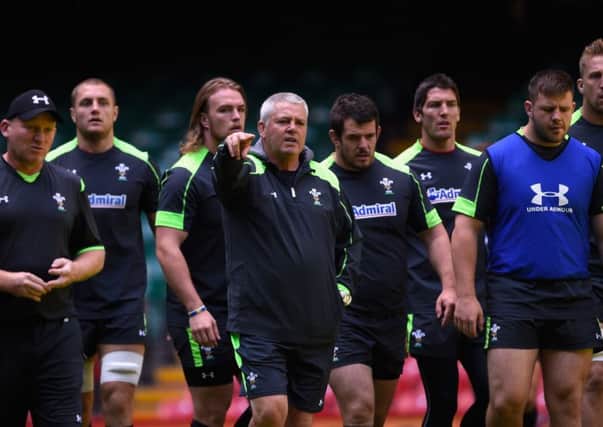 Wales coach Warren Gatland makes a point during training ahead of todays World Cup warm-up against Ireland in Cardiff. Picture: Getty