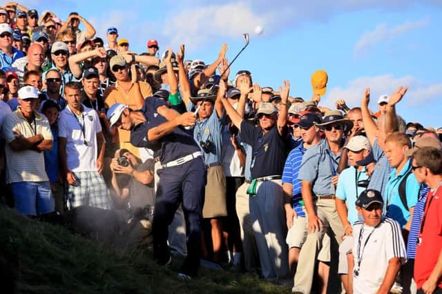 Dustin Johnson plays a shot from what was apparently a bunker at the US PGA in 2010. Picture: Getty
