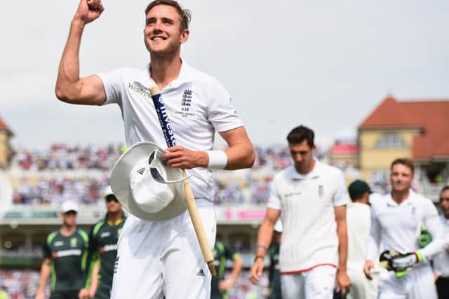 Stuart Broad pumps his fist in delight after England wrapped up the fourth Ashes Test on day three. Picture: Getty