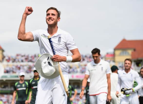 Stuart Broad pumps his fist in delight after England wrapped up the fourth Ashes Test on day three. Picture: Getty