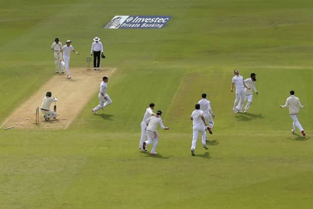 England celebrate victory after Mark Wood bowled of Nathan Lyon at Trent Bridge. Picture: Getty