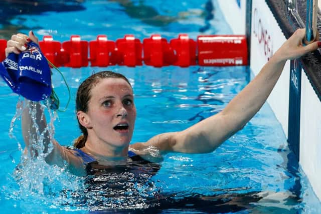 Britains Jazz Carlin celebrates after winning World Championship bronze in the 800m freestyle final. Picture: Getty