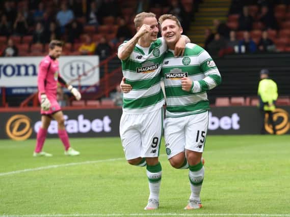Celtic's Kris Commons, right, celebrates after putting his side 2-0 up. Picture: SNS