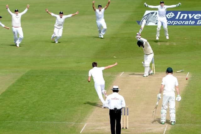 Nathan Lyon is bowled by Mark Wood as England regain the Ashes at Trent Bridge. Picture: Getty