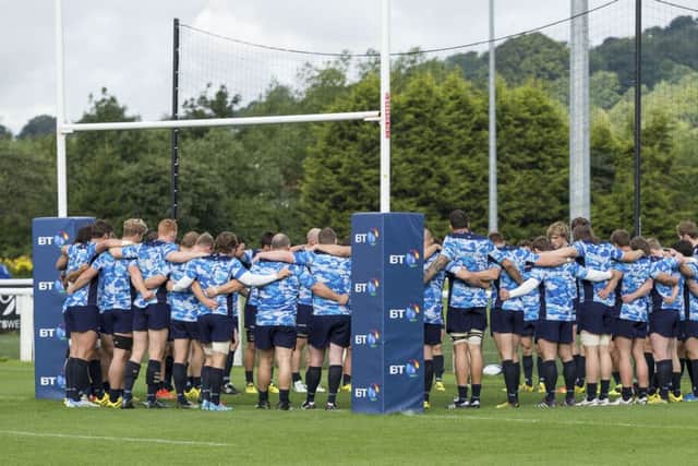 The Scotland squad come together in training yesterday. Picture: SNS/SRU