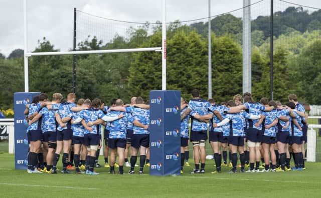 The Scotland squad come together in training yesterday. Picture: SNS/SRU