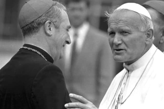 Cardinal Winning (then Archbishop) greets Pope John Paul II in 1982. Picture: TSPL