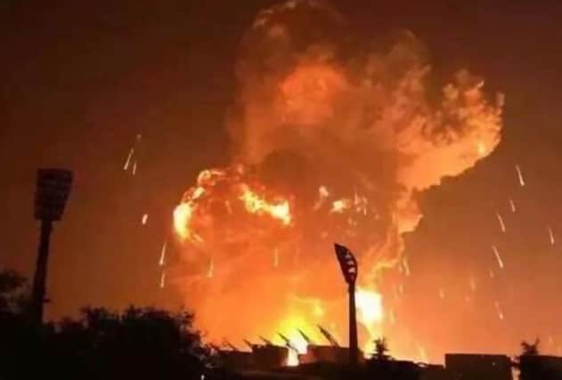 This pictured, posted by the People's Daily newspaper on Twitter, appears to show the explosion. Picture: Twitter/PDChina