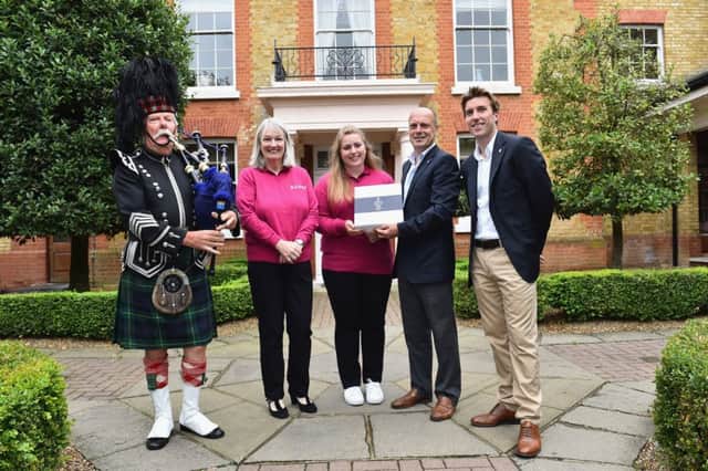 From left, Pipe Major Willie Cochrane, Ladies European Tour winner Catherine Panton-Lewis, Katriona Taylor Mark Casey, Solheim Cup director and LETs Ben Gordon-Smith. Picture: Getty