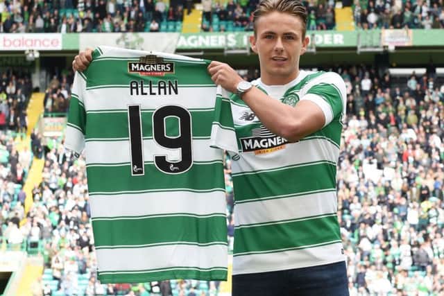 New Celtic signing Scott Allan is all smiles after being unveiled to the home support ahead of kick-off against Inverness Caley Thistle. Picture: SNS Group