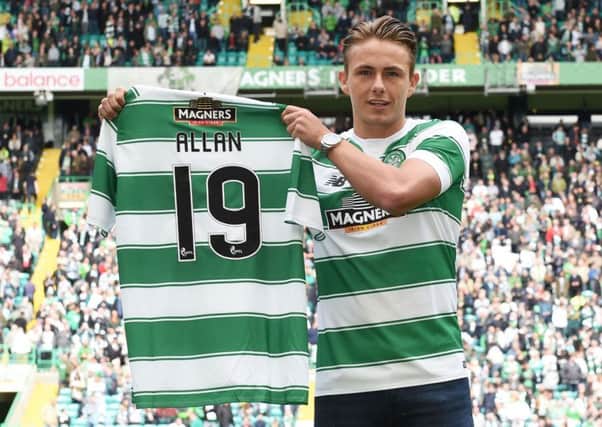 New Celtic signing Scott Allan is all smiles after being unveiled to the home support ahead of kick-off against Inverness Caley Thistle. Picture: SNS Group