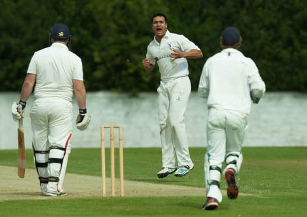 Grange celebrate as John Blain takes the third Aberdeenshire wicket during their victory at Raeburn Place on Saturday. Picture: Toby Williams