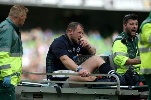Scotland loosehead prop Ryan Grant is carried off on a stretcher, sparking fears for his participation in the Rugby World Cup. Picture: PA