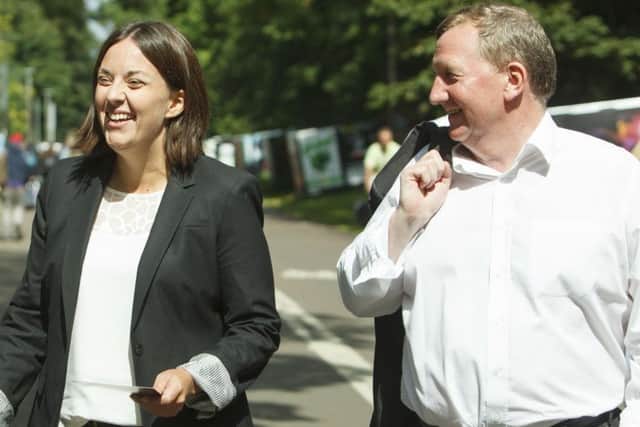 Kezia Dugdale and Alex Rowley out campaigning in the Meadows.Picture: Toby Williams