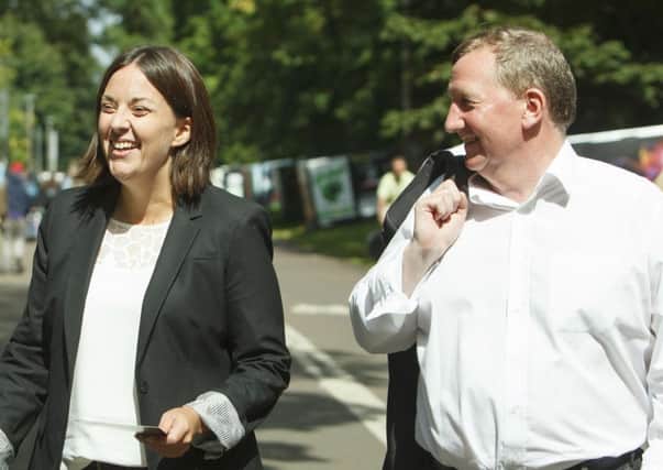 Kezia Dugdale and Alex Rowley out campaigning in the Meadows.Picture: Toby Williams