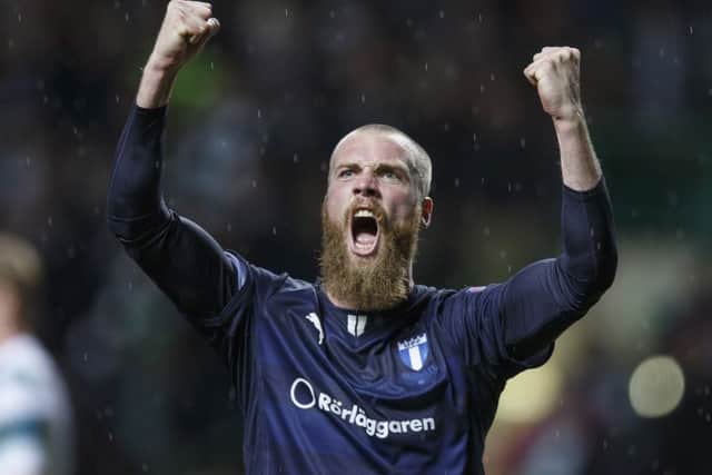 Jo Inge Berget celebrates scoring his 2nd goal during the UEFA Champions League Qualifying Round play-off first leg match at Celtic Park. Picture: Getty