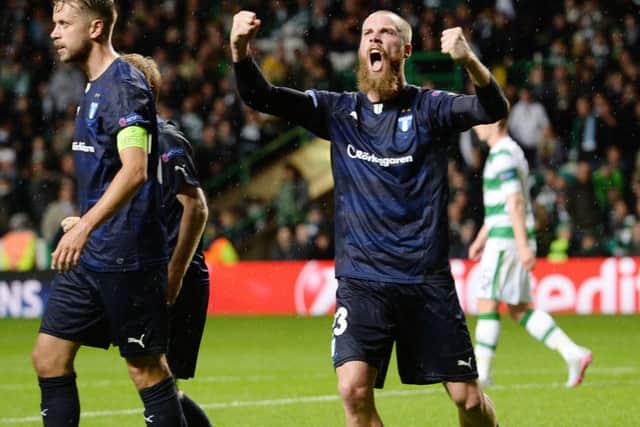Jo Inge Berget celebrates after scoring a second for Malmo late on. Picture: SNS