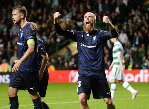 Jo Inge Berget celebrates after scoring a second for Malmo late on. Picture: SNS