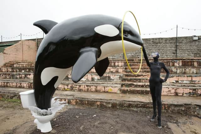 A killer whale jumping out of a toilet piece by Banksy. Picture: PA