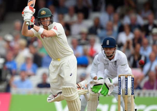 Australian batsman Steve Smith flicks the ball away to leg during his knock of 78no. Picture: Stu Forster/Getty
