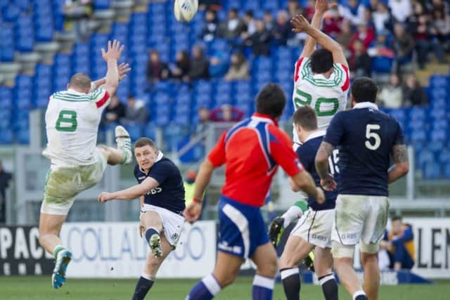 Duncan Weir converts a drop goal in the dying minutes of the 2014 Six Nations game against Italy to clinch a 21-20 win. Picture: SNS/SRU