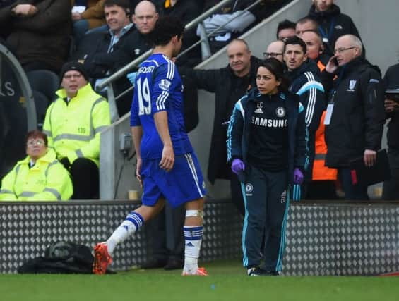 Eva Carneiro exchanges words with Chelsea striker Diego Costa as he comes off the pitch. Picture: Getty