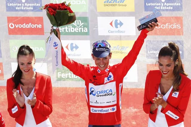Esteban Chaves celebrates his win in stage two of the Vuelta a Espana. Picture: AP