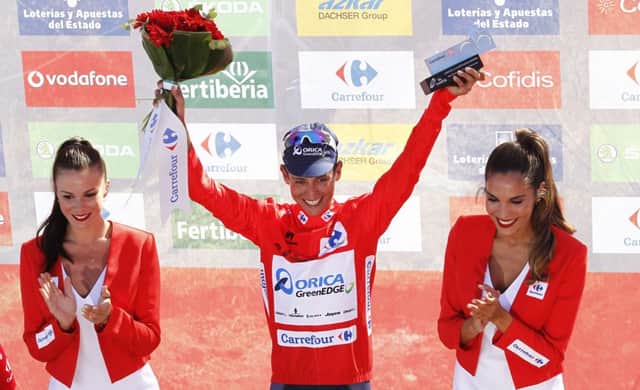 Esteban Chaves celebrates his win in stage two of the Vuelta a Espana. Picture: AP