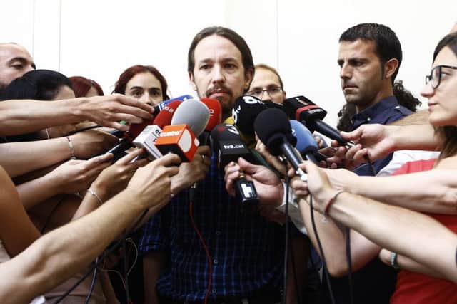 Leader of Podemos Pablo Iglesias addresses journalists. Rise is loosely based on Podemos. Picture: Getty