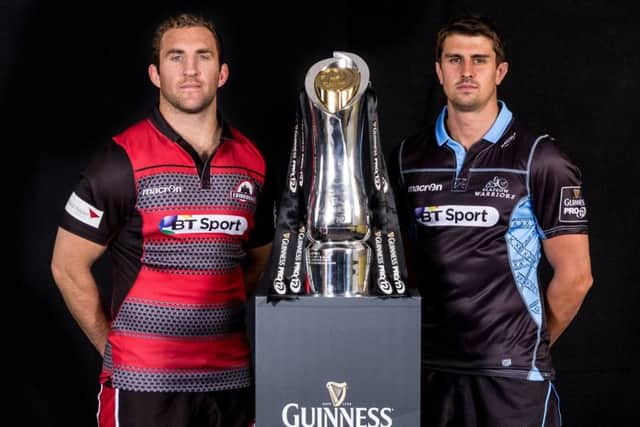 Edinburgh's Mike Coman and Glasgow's Peter Murchie at the Pro12 launch. Picture: James Crombie/©INPHO
