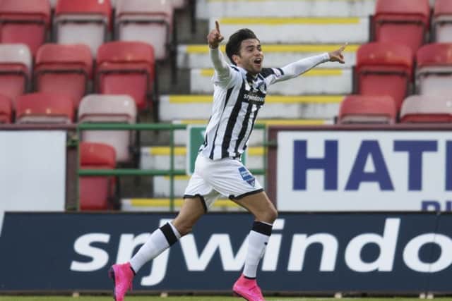 Dunfermline's Faissal El Bakhtaoui celebrates after putting his side 1-0 up against Dundee. Picture: SNS