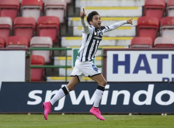 Dunfermline's Faissal El Bakhtaoui celebrates after putting his side 1-0 up against Dundee. Picture: SNS