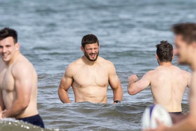 Ross Ford braves the cold water at St Andrews during Scotlands World Cup training camp. Picture: SNS/SRU