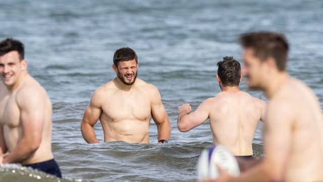 Ross Ford braves the cold water at St Andrews during Scotlands World Cup training camp. Picture: SNS/SRU