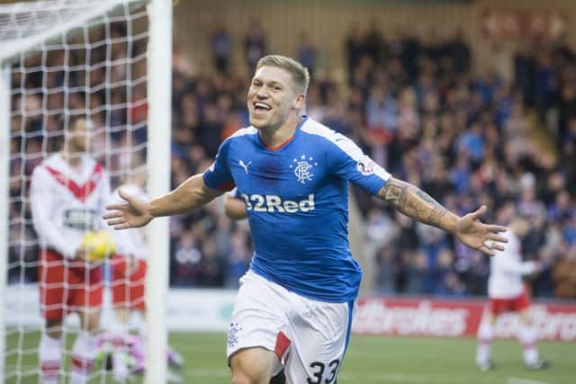 Martyn Waghorn celebrates scoring Rangers' third goal. Picture: PA