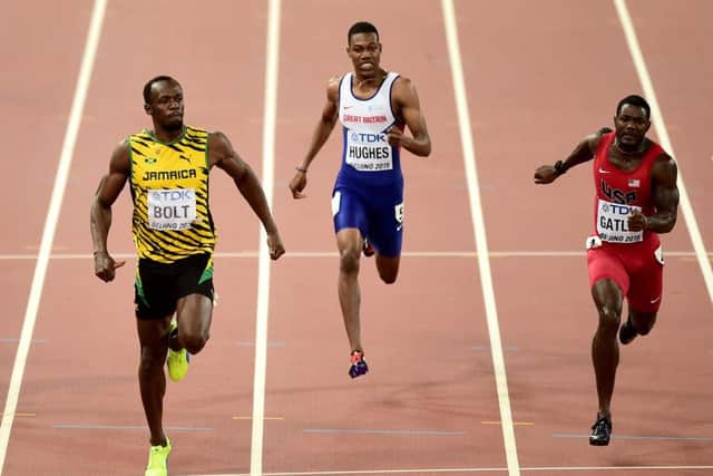 Jamaicas Usain Bolt wins the gold medal ahead of USAs Justin Gatlin in the 200 metres final. Picture: PA