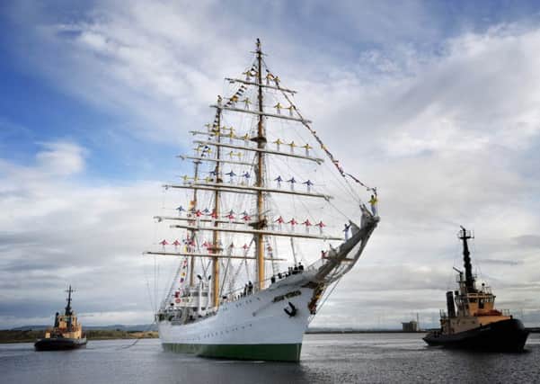 The Colombian historic Tall Ship ARC Gloria sailing into Leith. Picture: Jane Barlow
