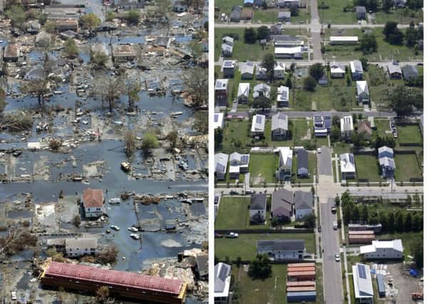 The lower ninth ward of New Orleans in 2005, left, and in July this year, right. Picture: AP