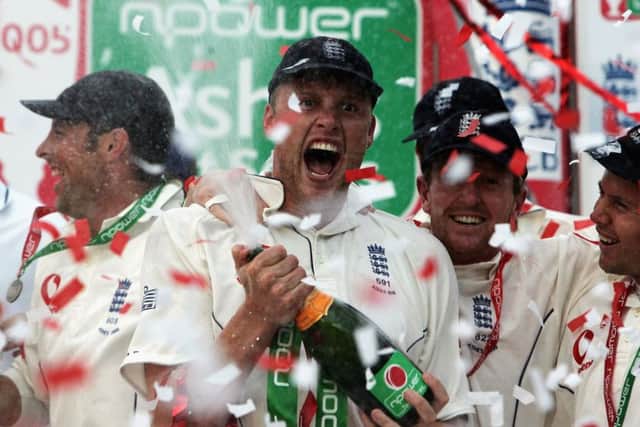 Andrew Flintoff celebrates after England win the Ashes in 2005. Picture: Getty Images