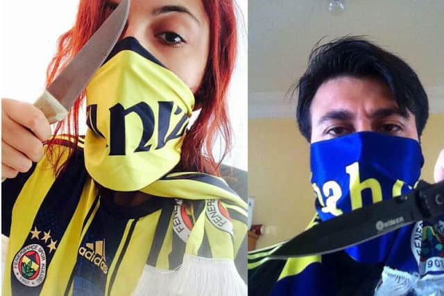 Two Fenerbahce fans pose with knives in photos on Twitter. Picture: Contributed