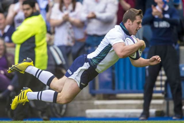 Mark Bennett dives over the line for another Scotland try. Picture: SNS/SRU/Bill Murray